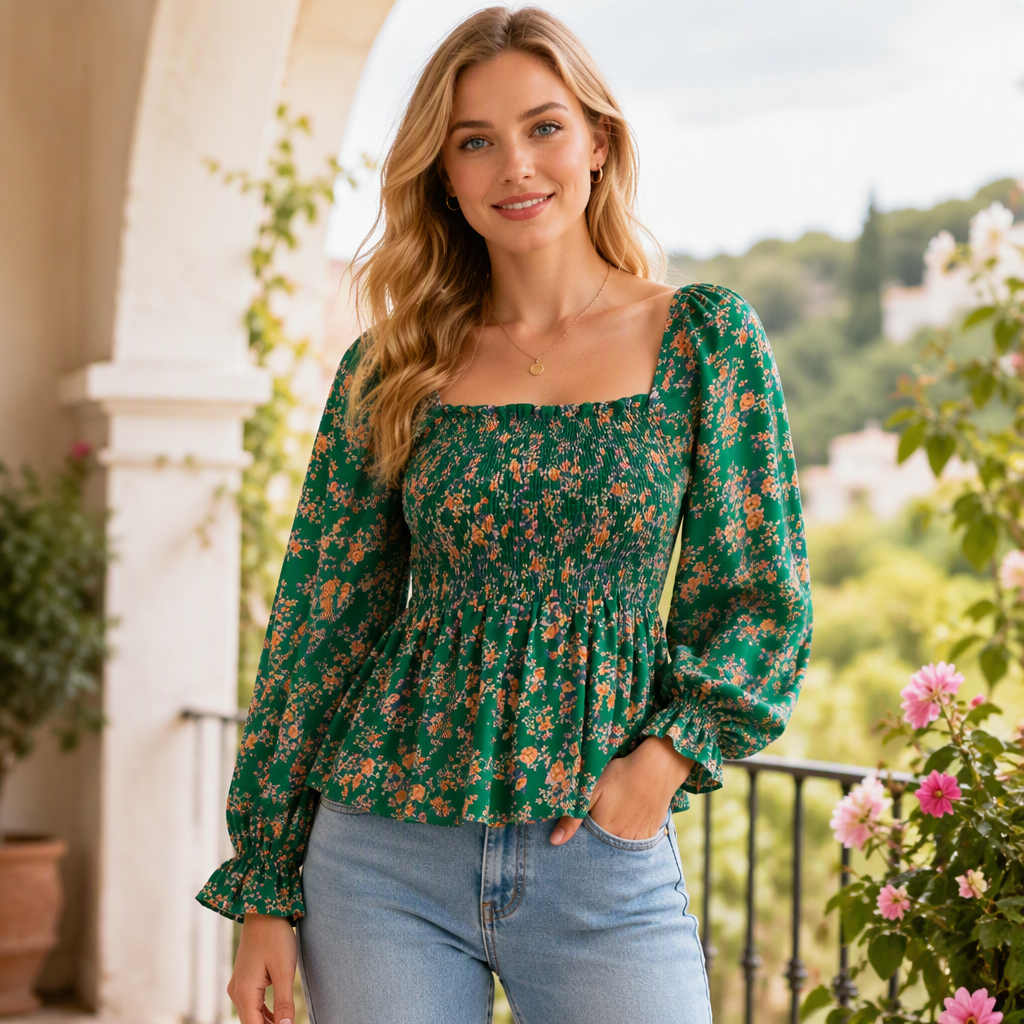 Women's Casual Square Neck Flare Sleeve Floral Print Chiffon Blouse Holiday Top