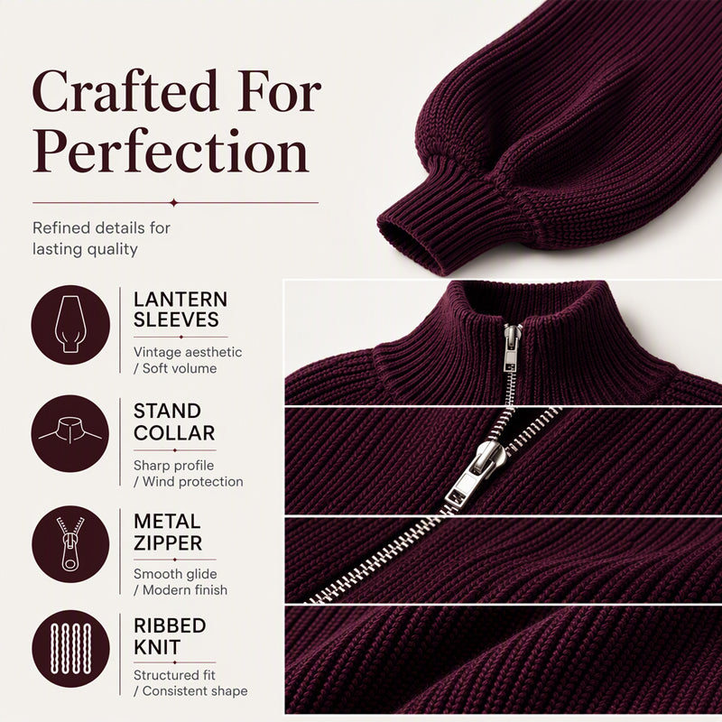 Women's Lantern Sleeve Zip-Up Knit Sweater – Elegant Sleeves, Cozy Fit, Everyday Style