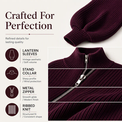 Women's Lantern Sleeve Zip-Up Knit Sweater – Elegant Sleeves, Cozy Fit, Everyday Style