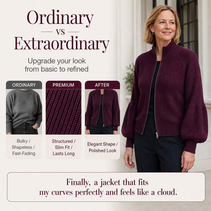 Women's Lantern Sleeve Zip-Up Knit Sweater – Elegant Sleeves, Cozy Fit, Everyday Style