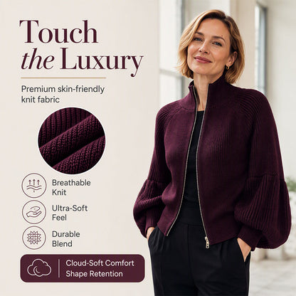 Women's Lantern Sleeve Zip-Up Knit Sweater – Elegant Sleeves, Cozy Fit, Everyday Style