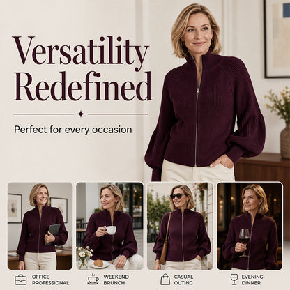 Women's Lantern Sleeve Zip-Up Knit Sweater – Elegant Sleeves, Cozy Fit, Everyday Style