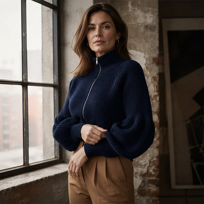 Women's Lantern Sleeve Zip-Up Knit Sweater – Elegant Sleeves, Cozy Fit, Everyday Style