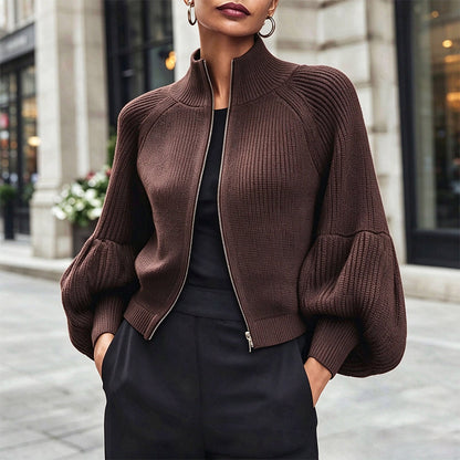 Women's Lantern Sleeve Zip-Up Knit Sweater – Elegant Sleeves, Cozy Fit, Everyday Style