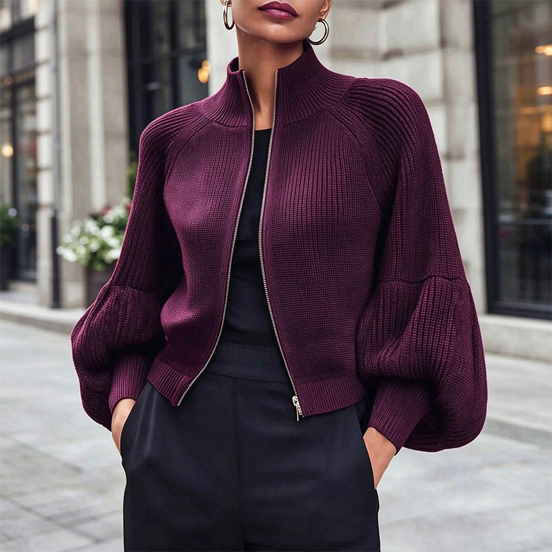Women's Lantern Sleeve Zip-Up Knit Sweater – Elegant Sleeves, Cozy Fit, Everyday Style
