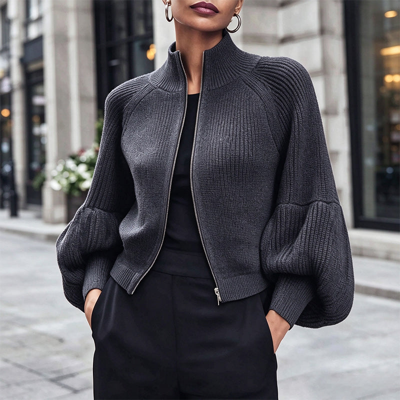 Women's Lantern Sleeve Zip-Up Knit Sweater – Elegant Sleeves, Cozy Fit, Everyday Style