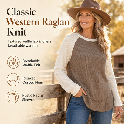 ✨Women's Raglan Long-Sleeve Knit Top – Textured Waffle Fabric, Curved Hem
