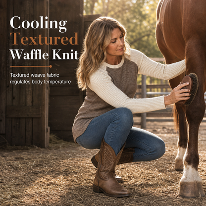 ✨Women's Raglan Long-Sleeve Knit Top – Textured Waffle Fabric, Curved Hem