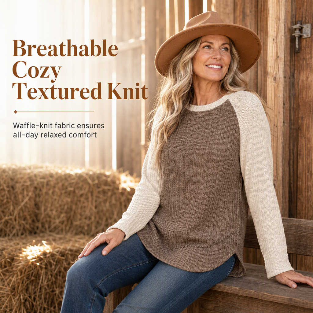✨Women's Raglan Long-Sleeve Knit Top – Textured Waffle Fabric, Curved Hem