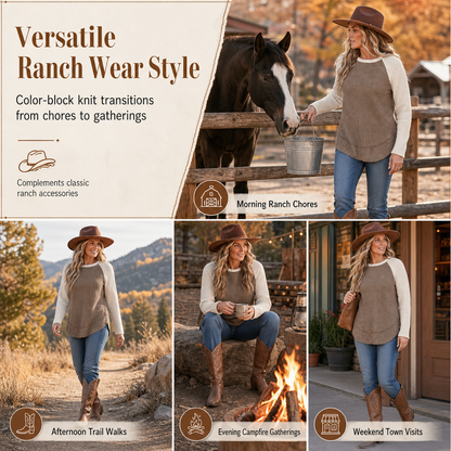 ✨Women's Raglan Long-Sleeve Knit Top – Textured Waffle Fabric, Curved Hem