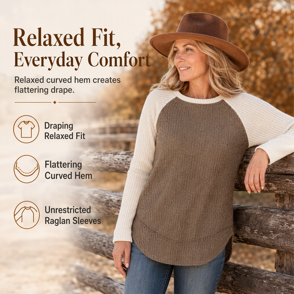 ✨Women's Raglan Long-Sleeve Knit Top – Textured Waffle Fabric, Curved Hem