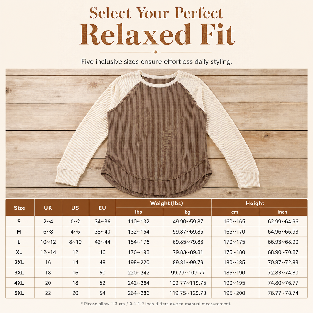 ✨Women's Raglan Long-Sleeve Knit Top – Textured Waffle Fabric, Curved Hem