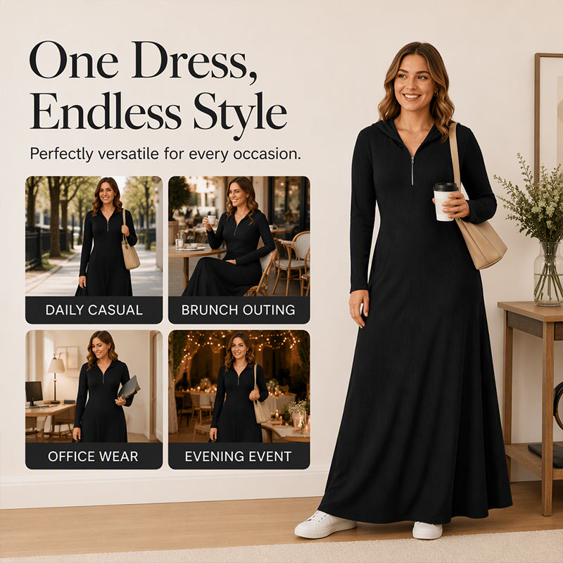 ✨Women's Ribbed Knit Hooded Maxi Dress – Cozy, Flattering Fit, Effortless Everyday Style