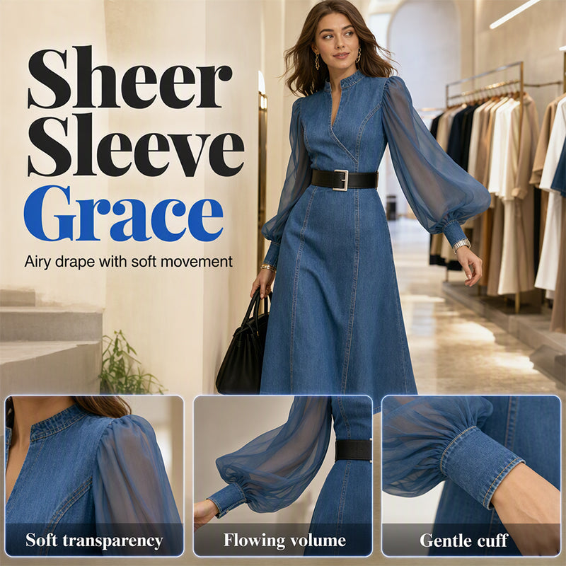 👗 Cinched Waist, Sheer Sleeve Detail | Women's Slimming Denim Dress