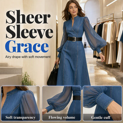 👗 Cinched Waist, Sheer Sleeve Detail | Women's Slimming Denim Dress