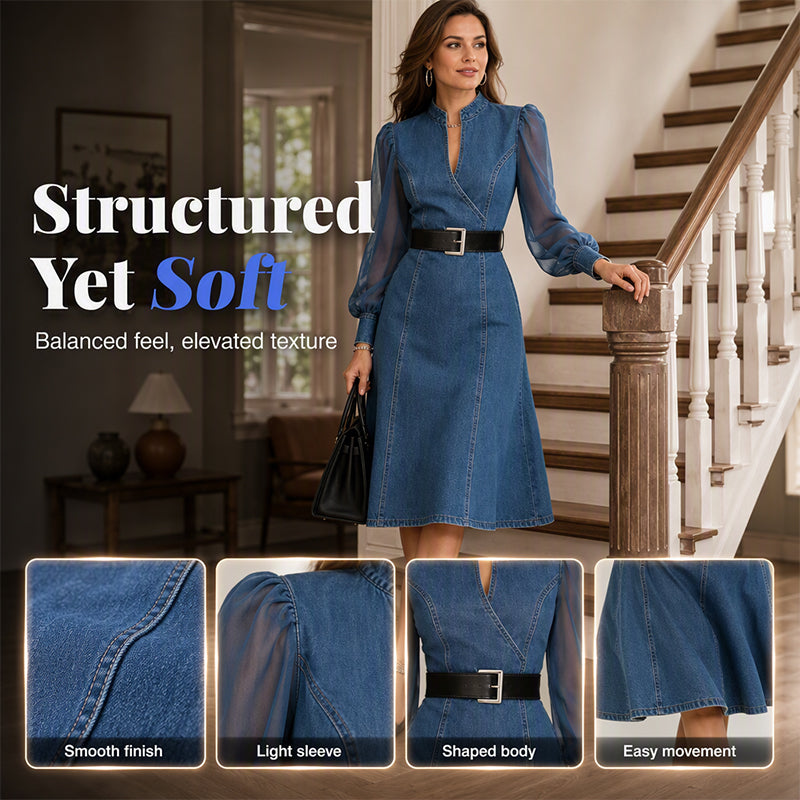 👗 Cinched Waist, Sheer Sleeve Detail | Women's Slimming Denim Dress