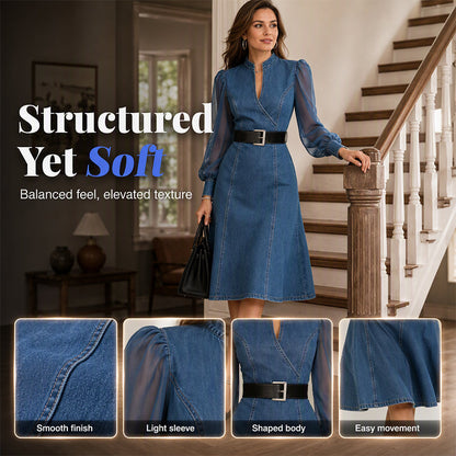 👗 Cinched Waist, Sheer Sleeve Detail | Women's Slimming Denim Dress