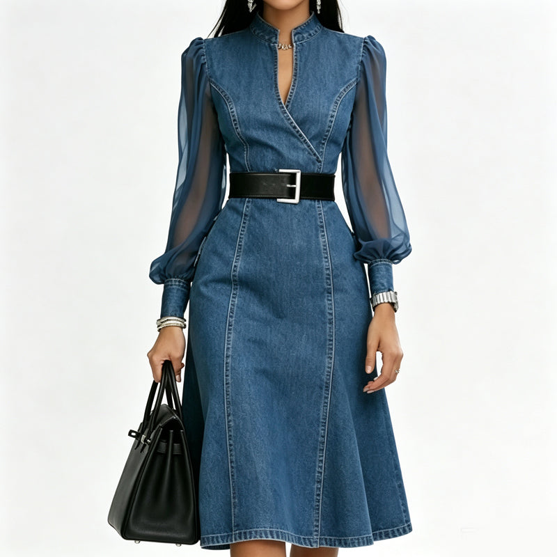 👗 Cinched Waist, Sheer Sleeve Detail | Women's Slimming Denim Dress