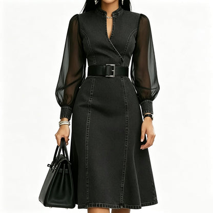 👗 Cinched Waist, Sheer Sleeve Detail | Women's Slimming Denim Dress