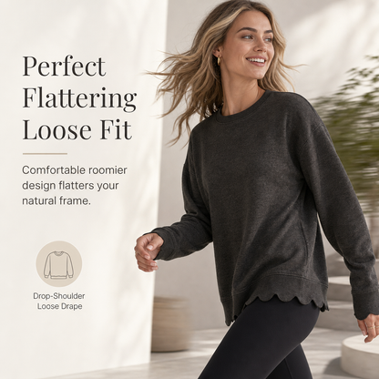 ✨Women's Scalloped Hem Crew Neck Sweatshirt – Soft, Casual, Feminine Everyday Comfort