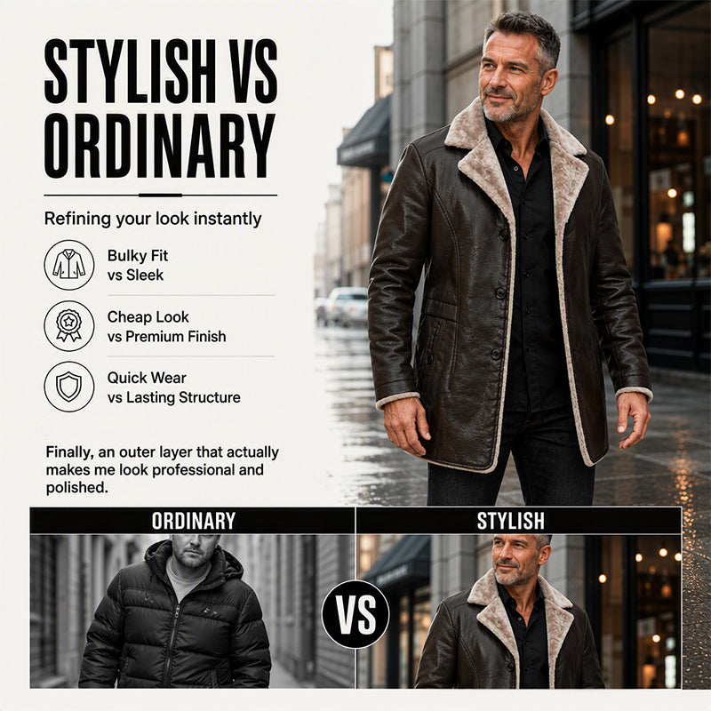 ✨Men's Lapel Collar Plush-Lined Faux Leather Coat – Warm, Stylish, Perfect for Cold Days