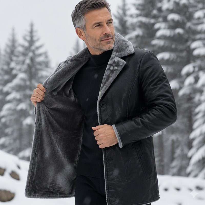 ✨Men's Lapel Collar Plush-Lined Faux Leather Coat – Warm, Stylish, Perfect for Cold Days