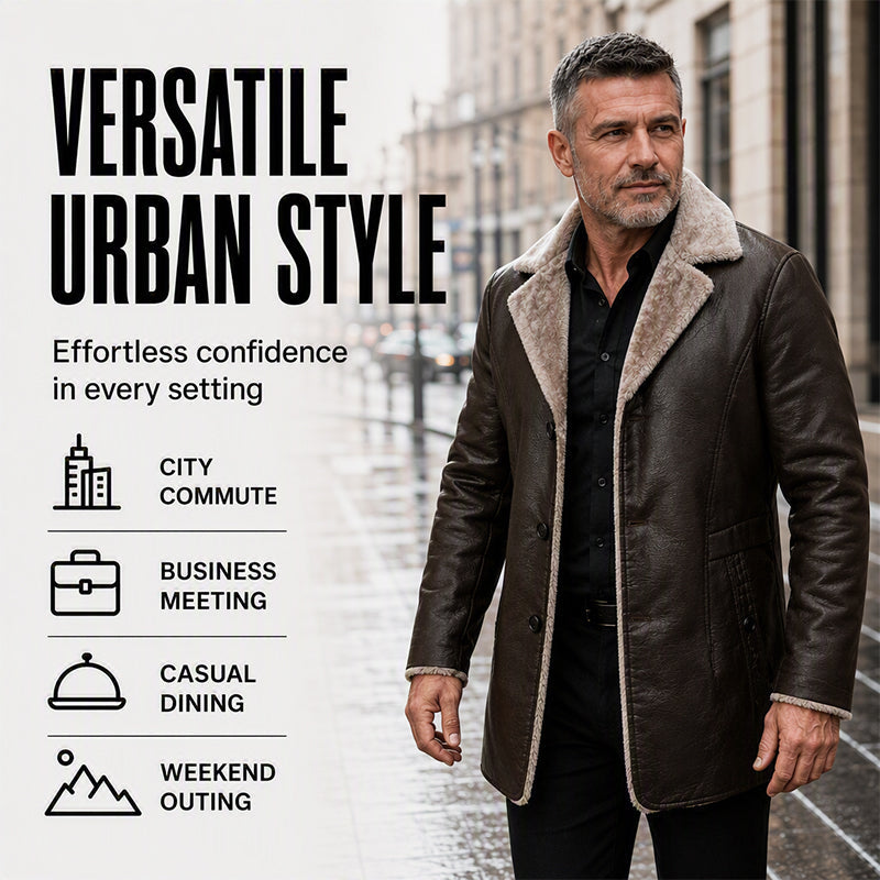 ✨Men's Lapel Collar Plush-Lined Faux Leather Coat – Warm, Stylish, Perfect for Cold Days