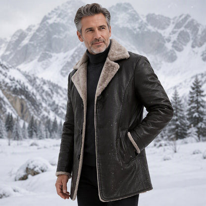 ✨Men's Lapel Collar Plush-Lined Faux Leather Coat – Warm, Stylish, Perfect for Cold Days