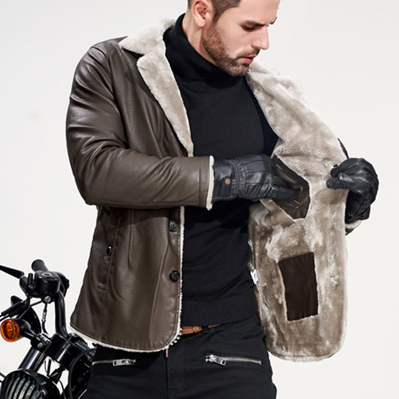 ✨Men's Lapel Collar Plush-Lined Faux Leather Coat – Warm, Stylish, Perfect for Cold Days
