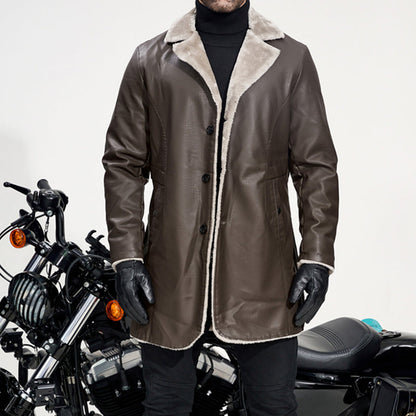 ✨Men's Lapel Collar Plush-Lined Faux Leather Coat – Warm, Stylish, Perfect for Cold Days