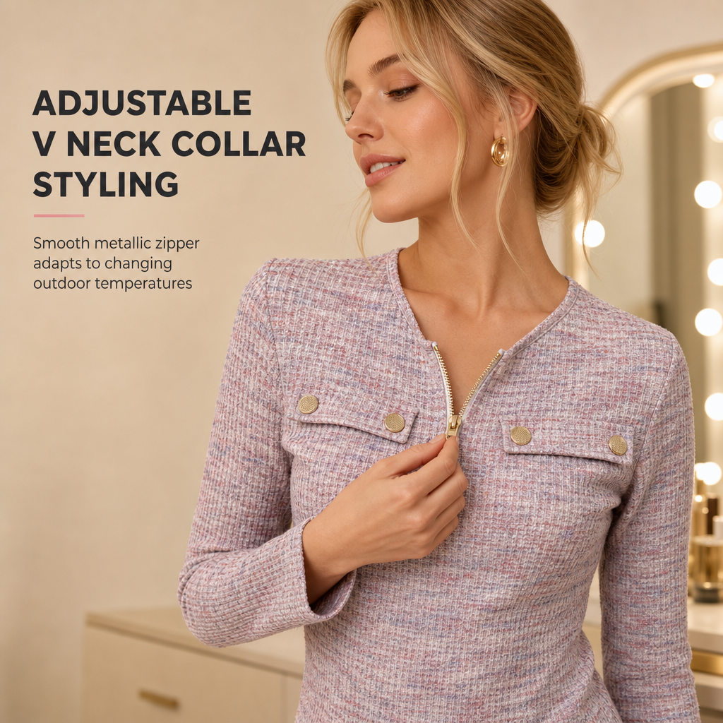 Women's Long Sleeve V-Neck Half Zip Knit Top