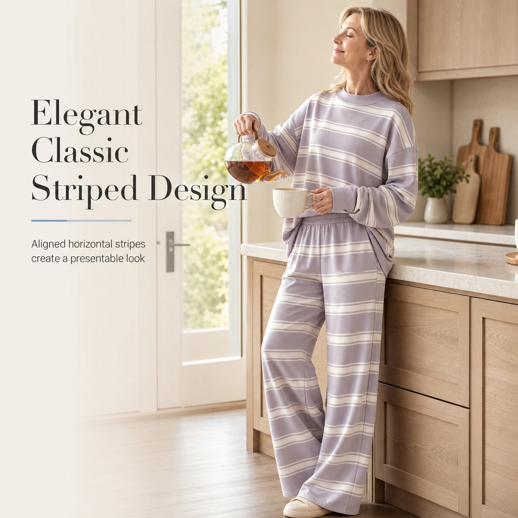 Womens Casual Long Sleeve Top and Pants Two Piece Set Fashion Striped Lounge Set