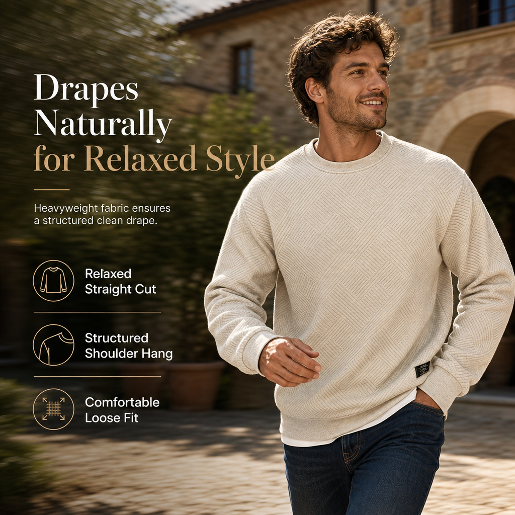 Mens Long Sleeve Jacquard Crew Neck Sweatshirt Loose Fit Thickened Autumn Winter Top Plus Size