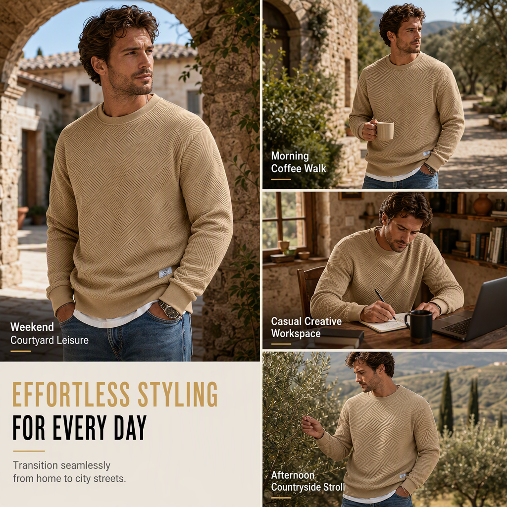 Mens Long Sleeve Jacquard Crew Neck Sweatshirt Loose Fit Thickened Autumn Winter Top Plus Size