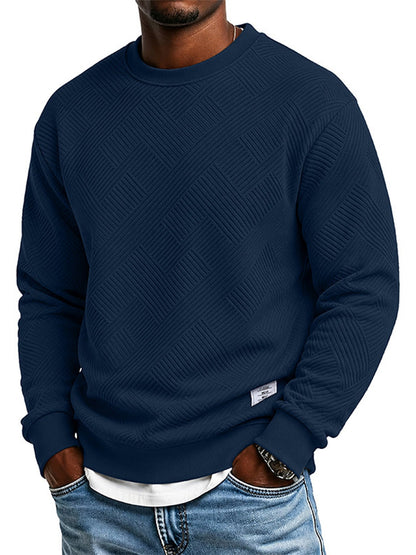 Mens Long Sleeve Jacquard Crew Neck Sweatshirt Loose Fit Thickened Autumn Winter Top Plus Size