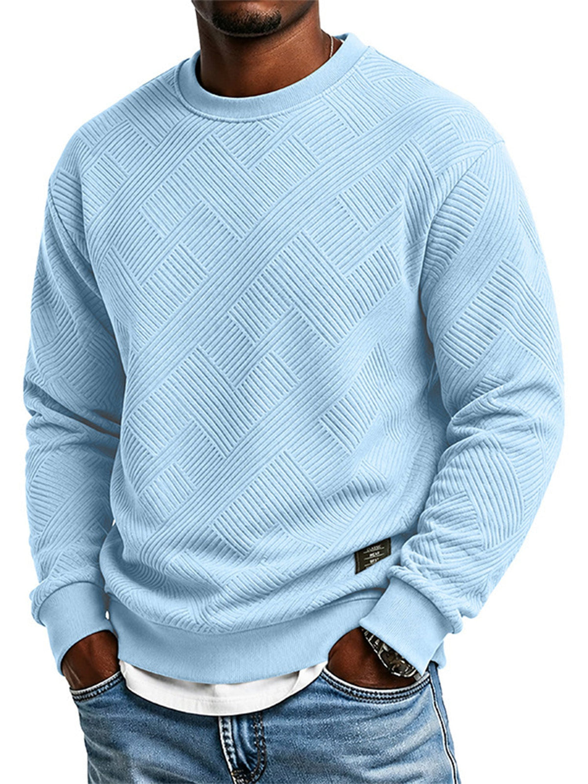 Mens Long Sleeve Jacquard Crew Neck Sweatshirt Loose Fit Thickened Autumn Winter Top Plus Size