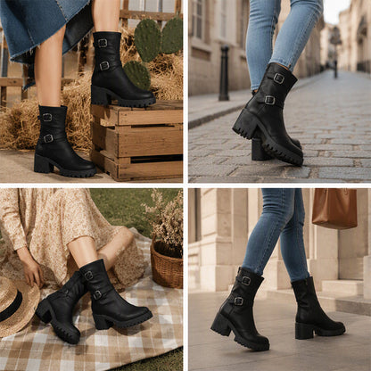 ✨Women's Chunky Heel Buckle Mid-Calf Boots – Trendy, Comfortable, Everyday Style with a Bold Edge