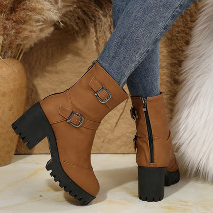 ✨Women's Chunky Heel Buckle Mid-Calf Boots – Trendy, Comfortable, Everyday Style with a Bold Edge