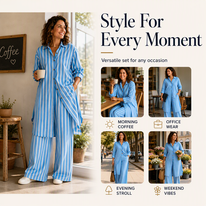 Women's Striped Longline Shirt & Wide-Leg Pants Set