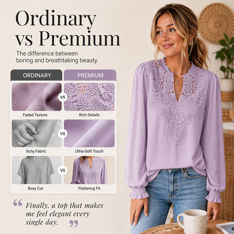 👗Delicate Lace, Sexy V-Neck👚 Women's Lace V-Neck Long Sleeve Top – Slim Fit | Elegant & Alluring ✨