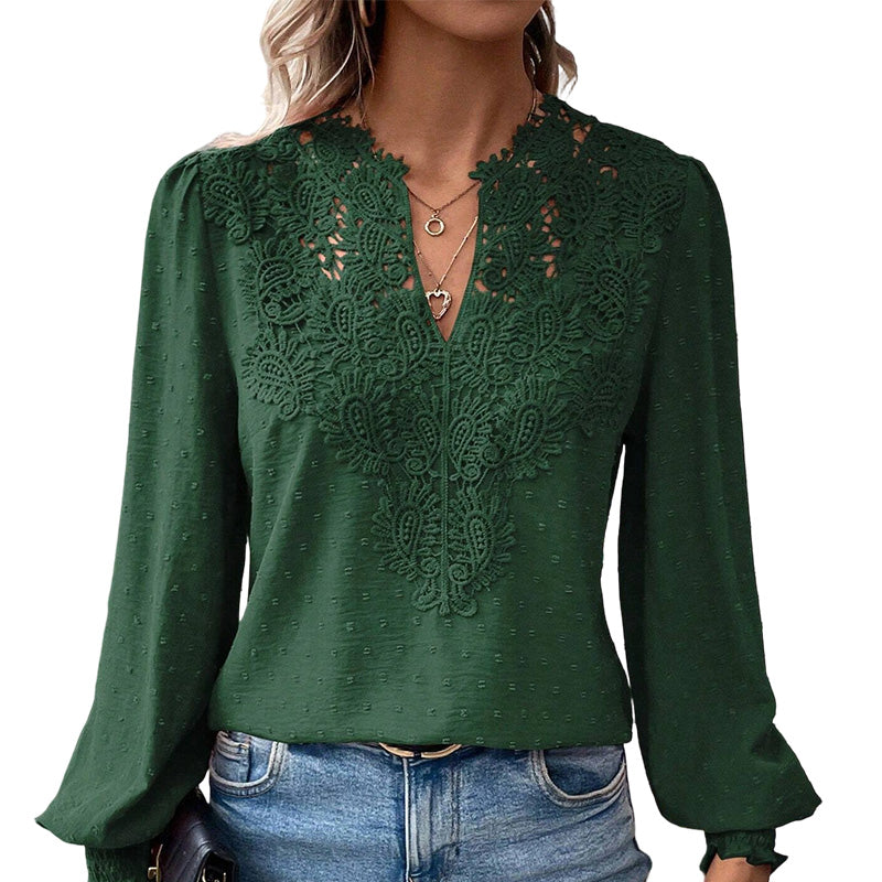 👗Delicate Lace, Sexy V-Neck👚 Women's Lace V-Neck Long Sleeve Top – Slim Fit | Elegant & Alluring ✨