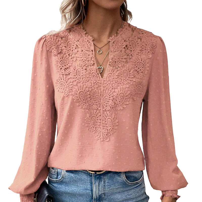 👗Delicate Lace, Sexy V-Neck👚 Women's Lace V-Neck Long Sleeve Top – Slim Fit | Elegant & Alluring ✨