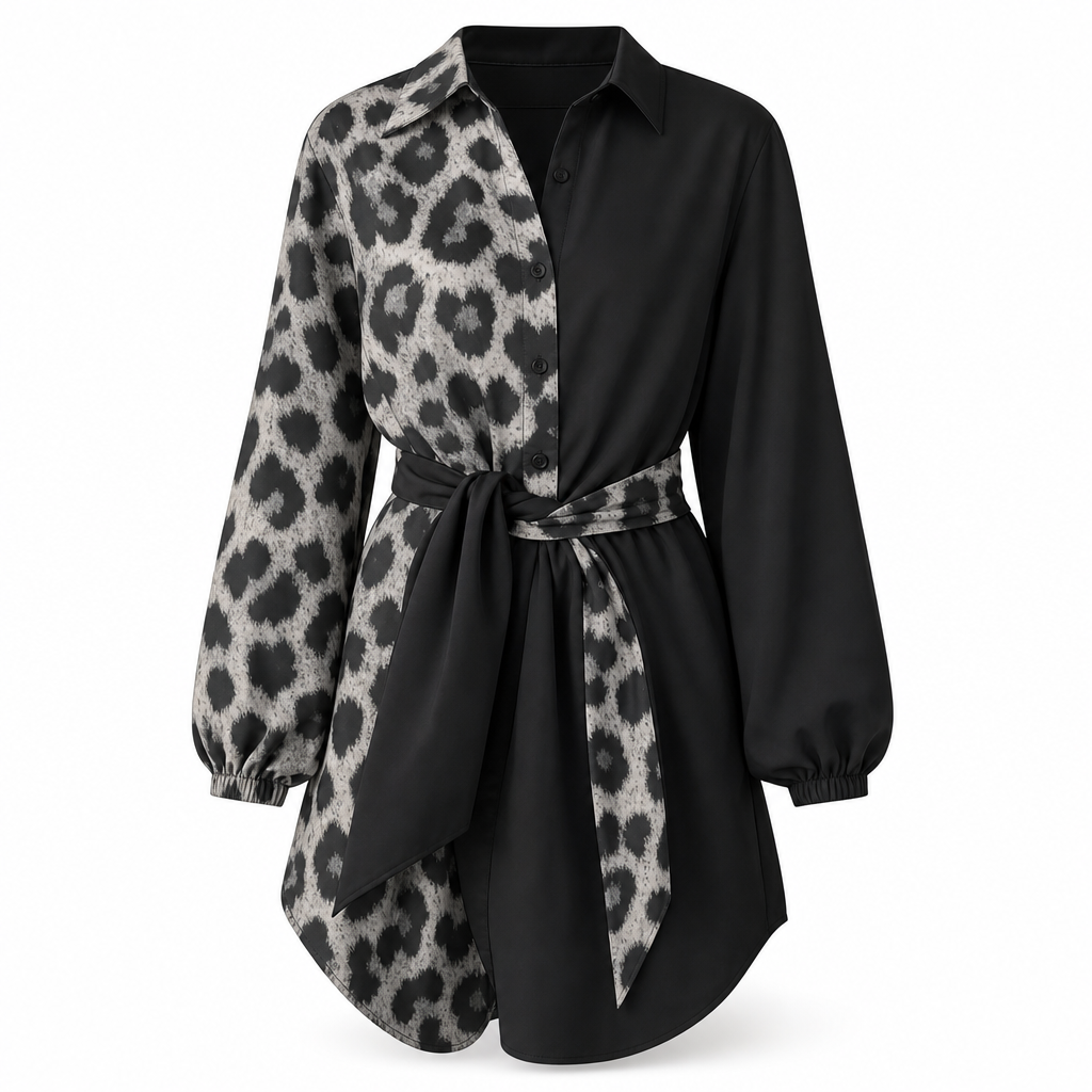 🖤Black Friday Sale:50% OFF🖤 🐆Women's Leopard Print Contrast Patchwork Long Sleeve Shirt Mini Dress with Belt