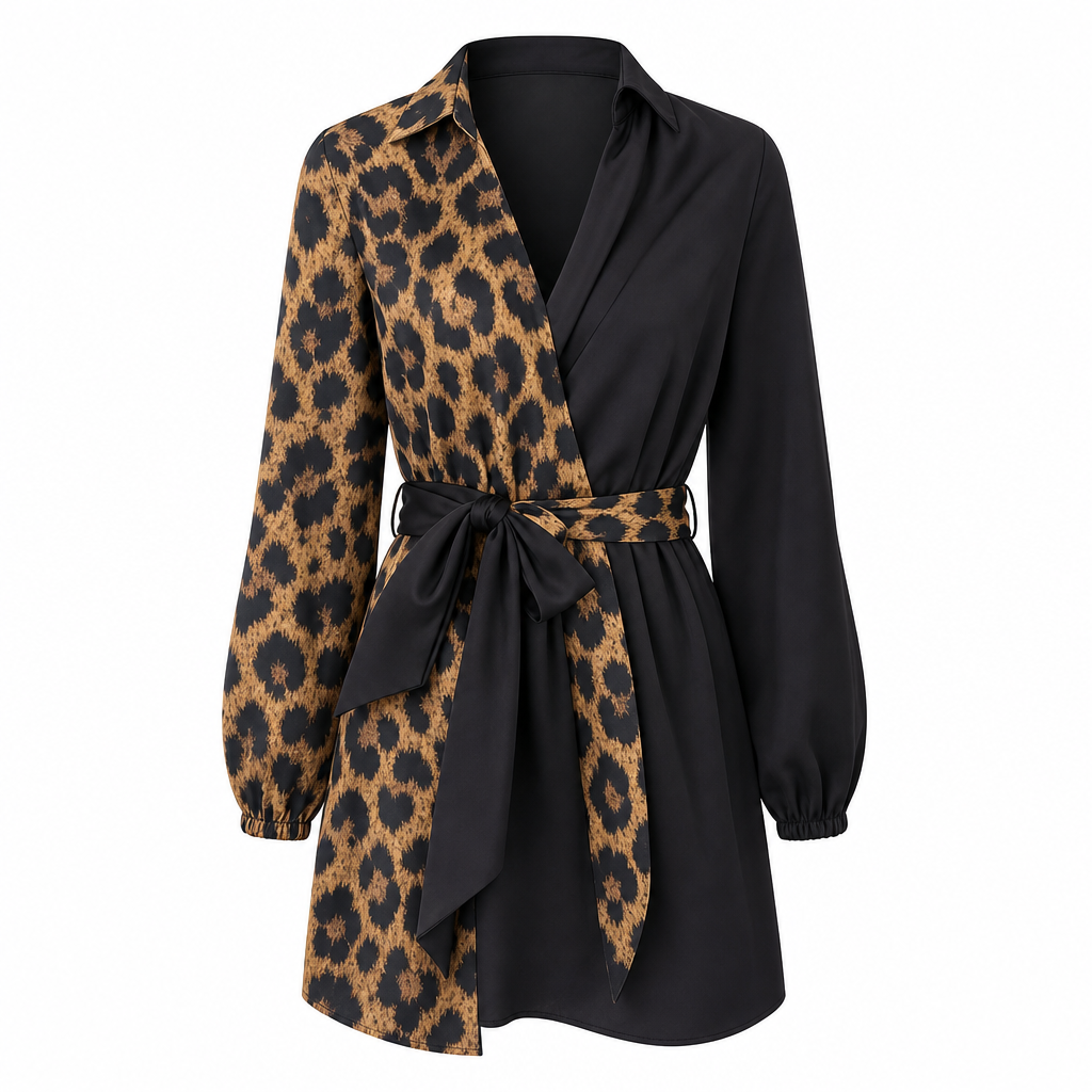 🖤Black Friday Sale:50% OFF🖤 🐆Women's Leopard Print Contrast Patchwork Long Sleeve Shirt Mini Dress with Belt