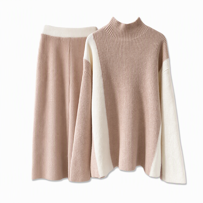 💖Black Friday Mega Deal – 50% off!💖 Women's Autumn Winter Color Block Knit 2-Piece Set Thickened Pullover Sweater and Skirt