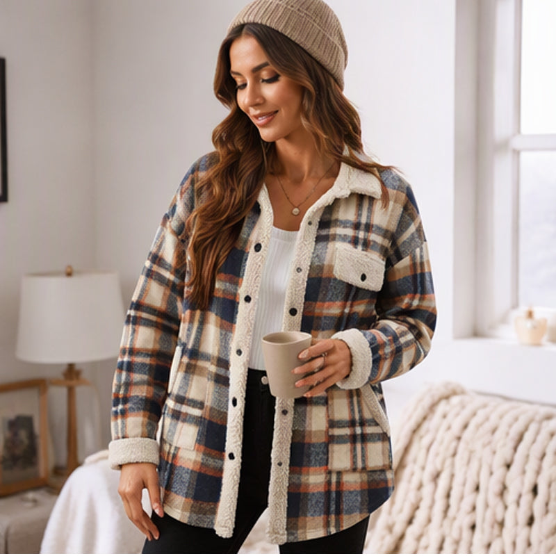 ✨ Women's Casual Outerwear with Color-Blocked Plaid Pattern
