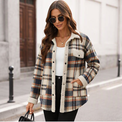 ✨ Women's Casual Outerwear with Color-Blocked Plaid Pattern
