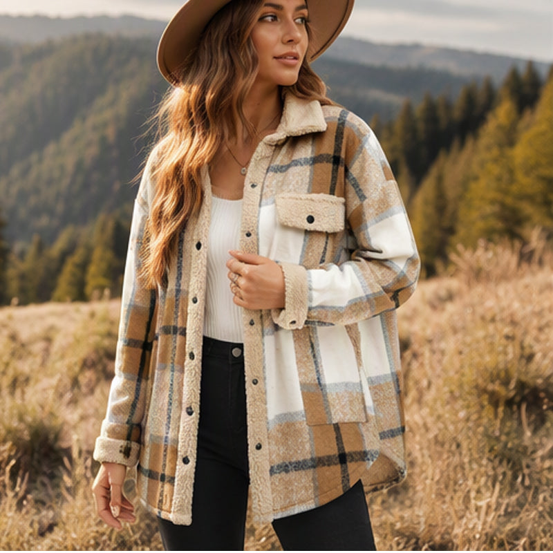 ✨ Women's Casual Outerwear with Color-Blocked Plaid Pattern