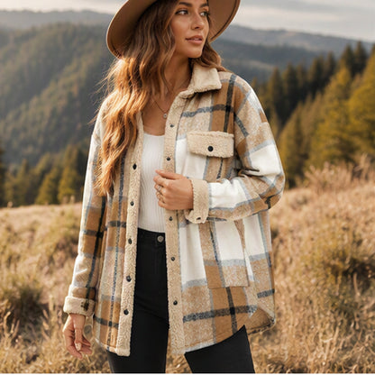 ✨ Women's Casual Outerwear with Color-Blocked Plaid Pattern
