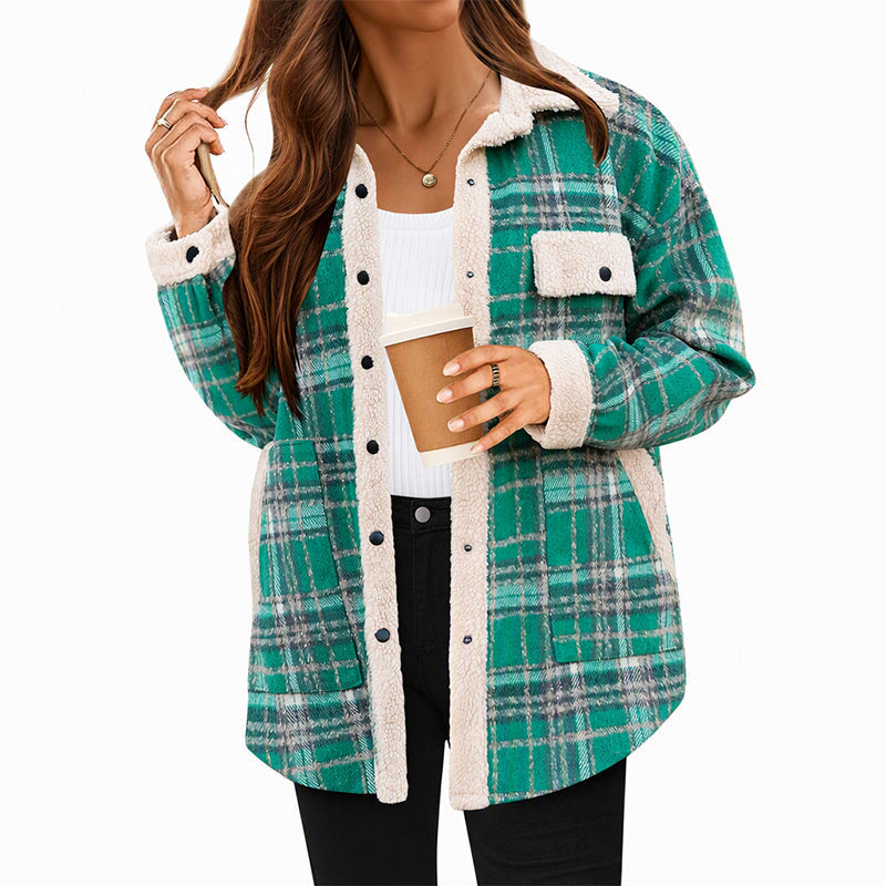✨ Women's Casual Outerwear with Color-Blocked Plaid Pattern